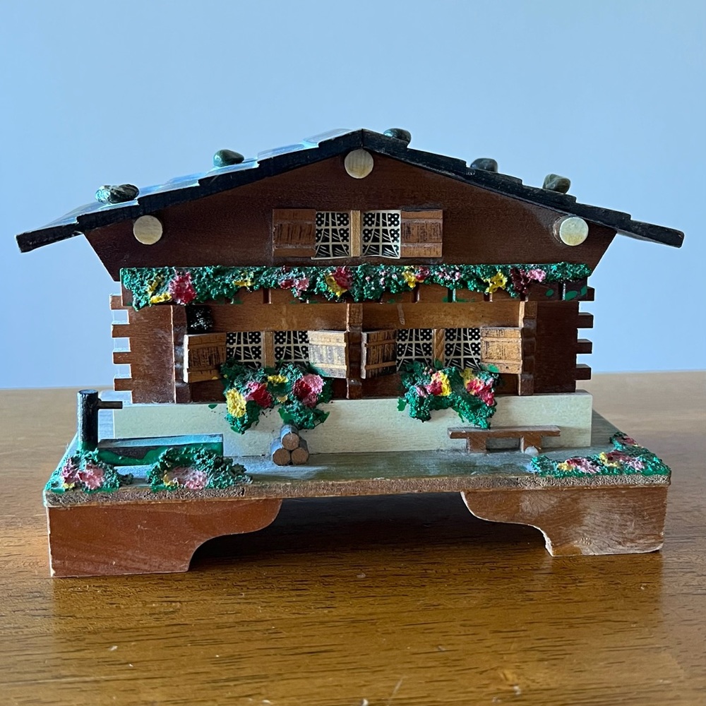 Vintage, wooden Swiss cottage music box. Japan.